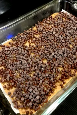 mini chocolate chips in baking dish
