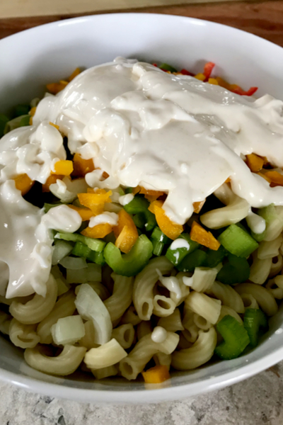 classic macaroni salad dressing over pasta