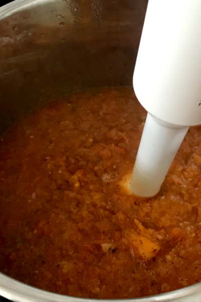 immersion blending the pasta sauce