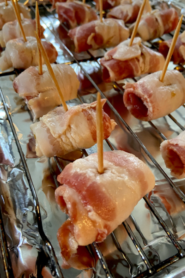 bacon wrapped chestnuts on baking rack