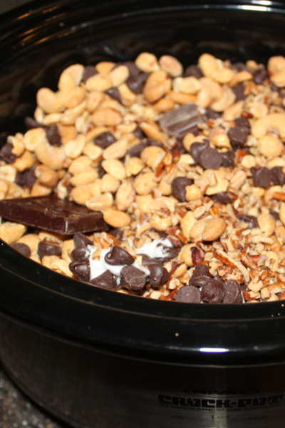 chocolate nut cluster in slow cooker