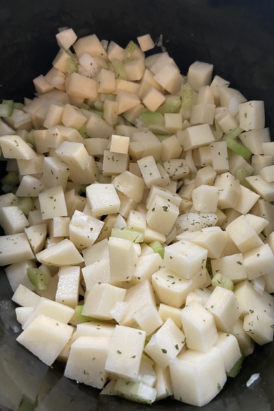 Potato soup ingredients in slow cooker