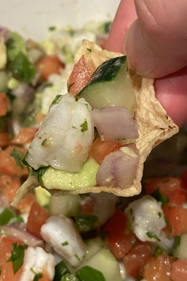 shrimp ceviche on tortilla