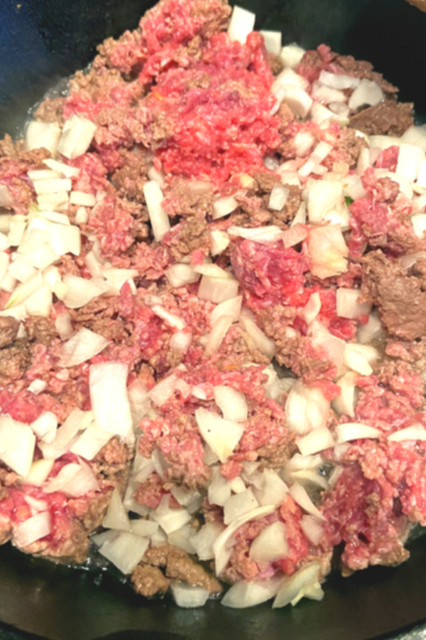 ground beef and onion in pot