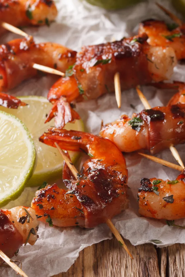 sweet and spicy bacon wrapped shrimp as a favorite New Year's Eve appetizers