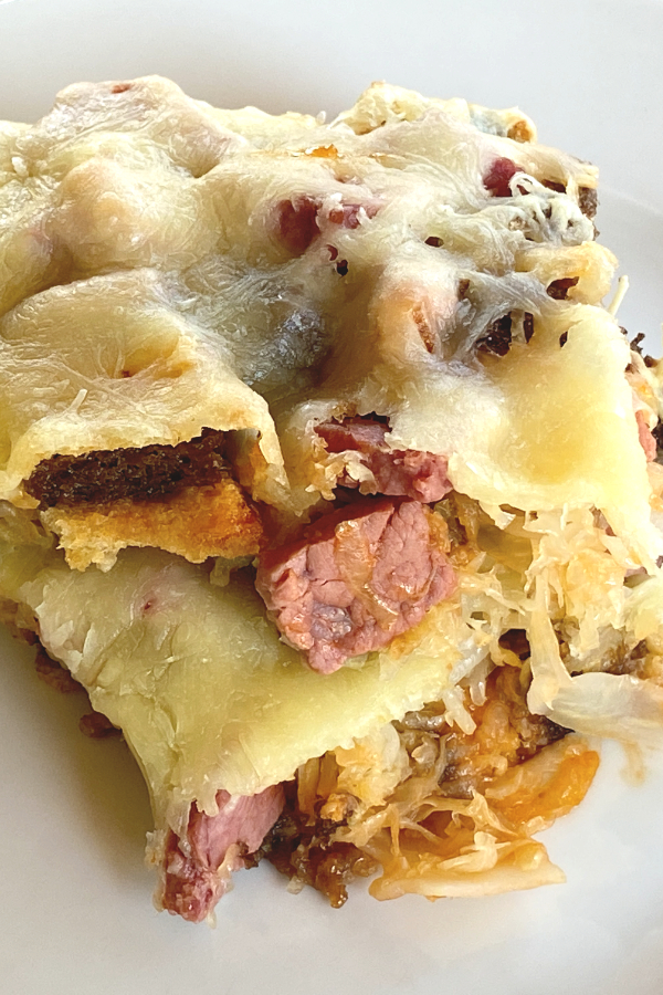 easy reuben casserole made with leftover corned beef