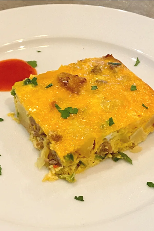 piece of overnight breakfast casserole