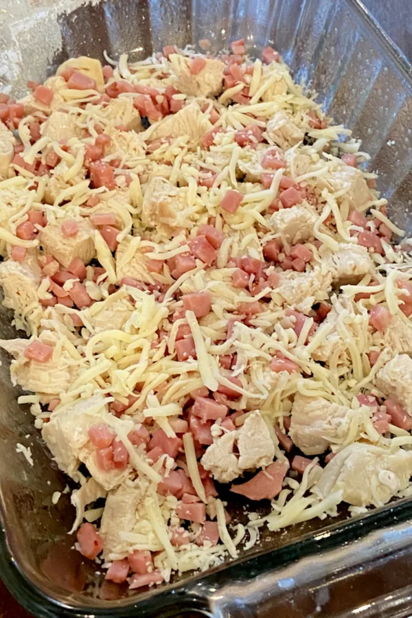 first layer of casserole with chicken ham and cheese 