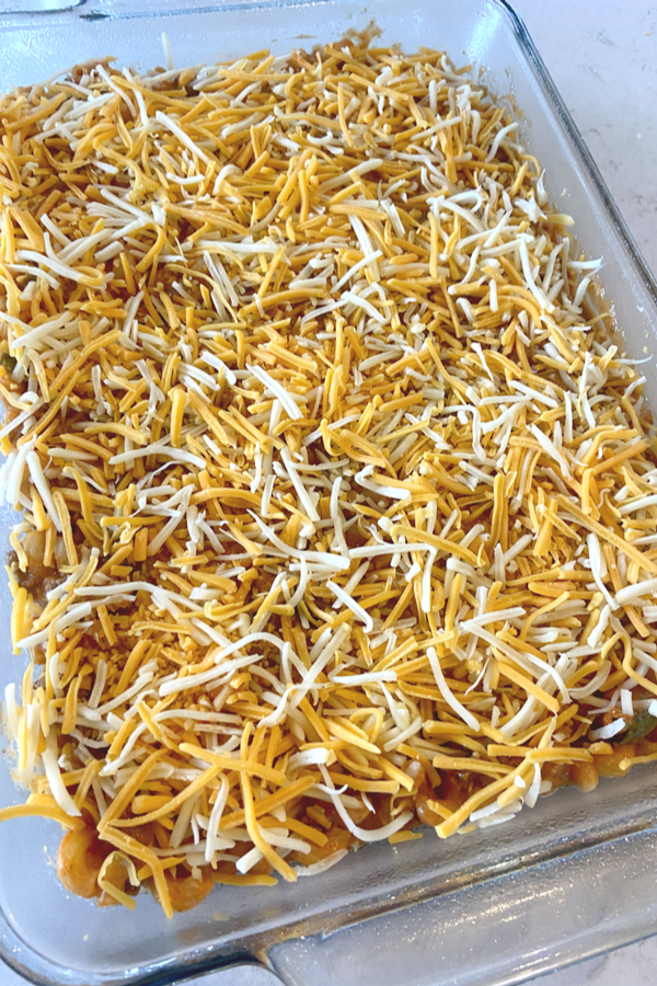 cheese on top of sloppy joe pasta casserole  