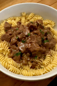 Beef tips and noodles