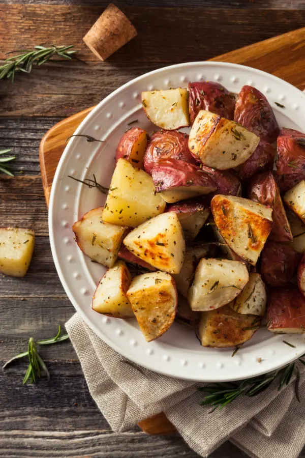 roasted red potatoes ready to serve as a Thanksgiving side dish recipe