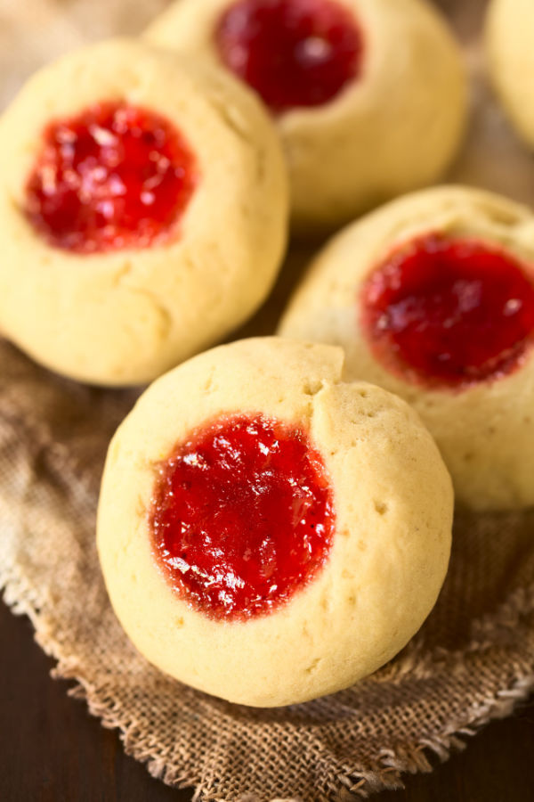 thumbprint jam cookies made as part of a Christmas cookie tray