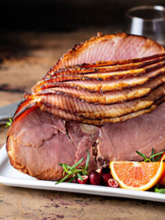 cooked spiral ham on platter