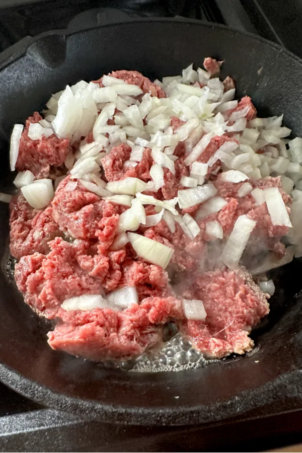 ground beef and onion in skillet 