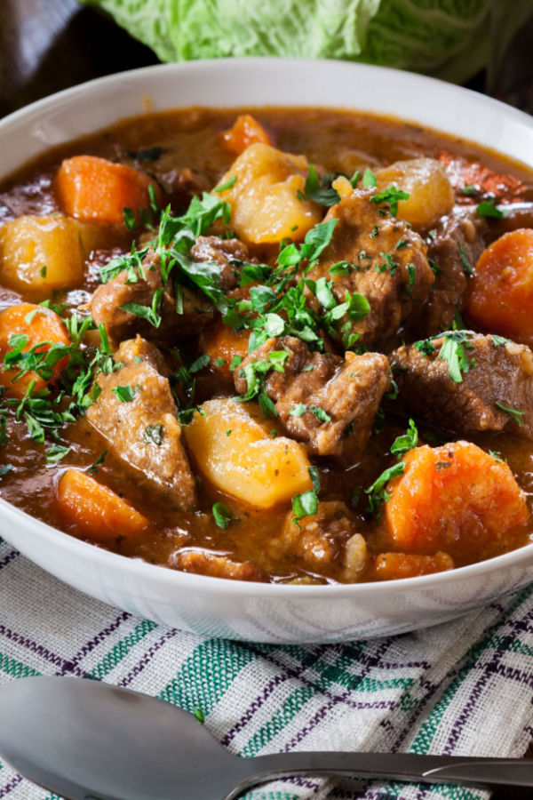 bowl of crock pot Irish beef stew 