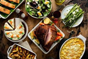 Easter dinner with ham and side dishes