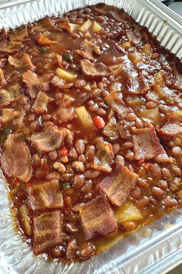 smoked baked beans served as a 4th of July side dish