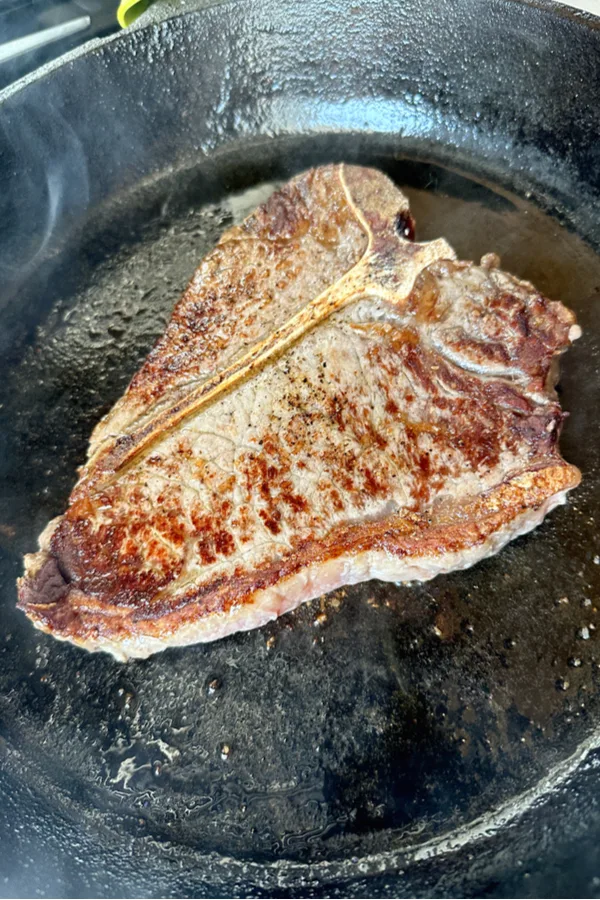 seared steak in cast iron skillet