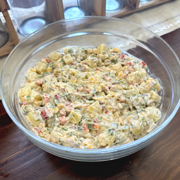 Southwestern potato salad in a glass serving bowl