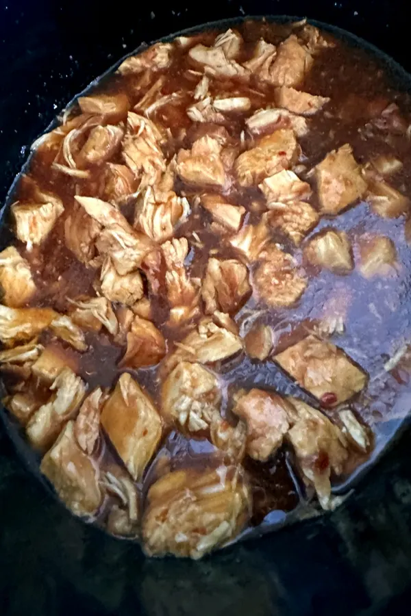 bourbon chicken diced inside crock pot 