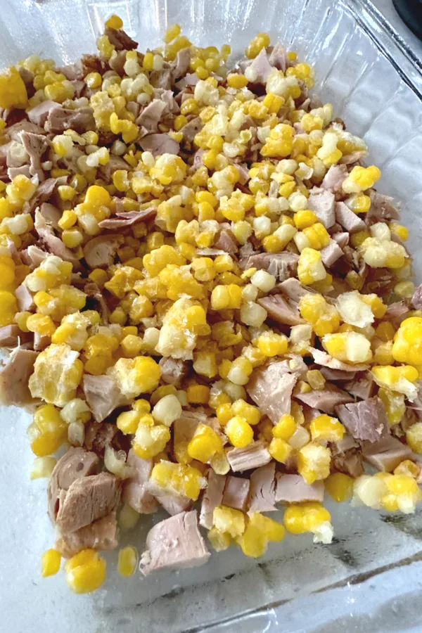 sweet corn kernels and diced chicken in baking dish