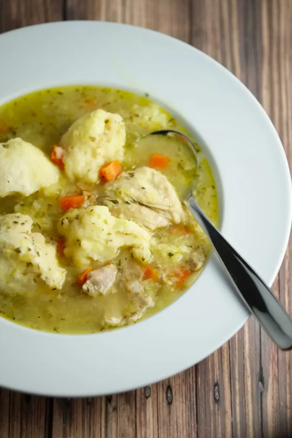 bowl of chicken and dumplings soup