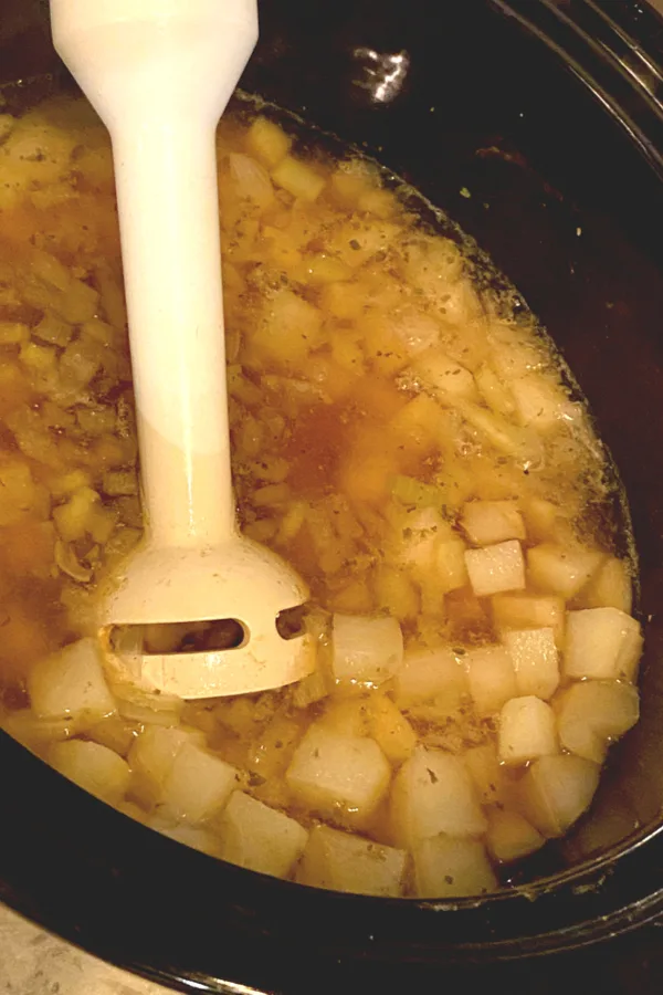 immersion blender in crock pot potato soup