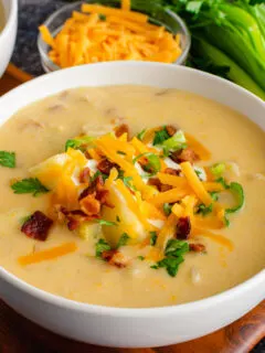 crock pot potato soup in a white bowl