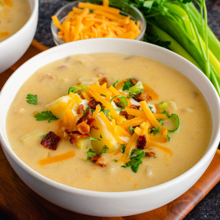 crock pot potato soup in a white bowl