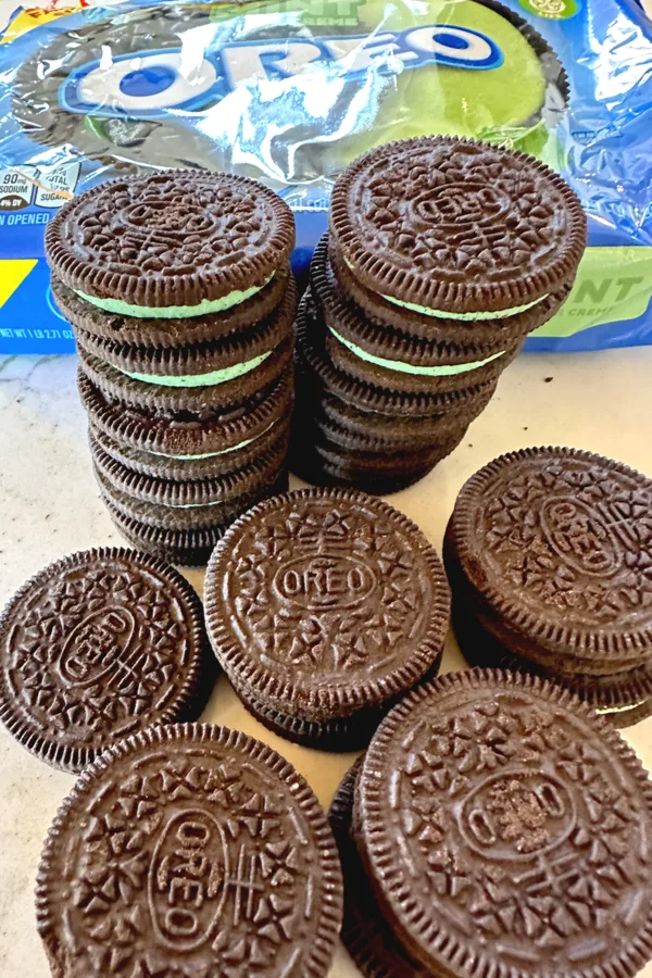stacks of mint Oreo cookies.