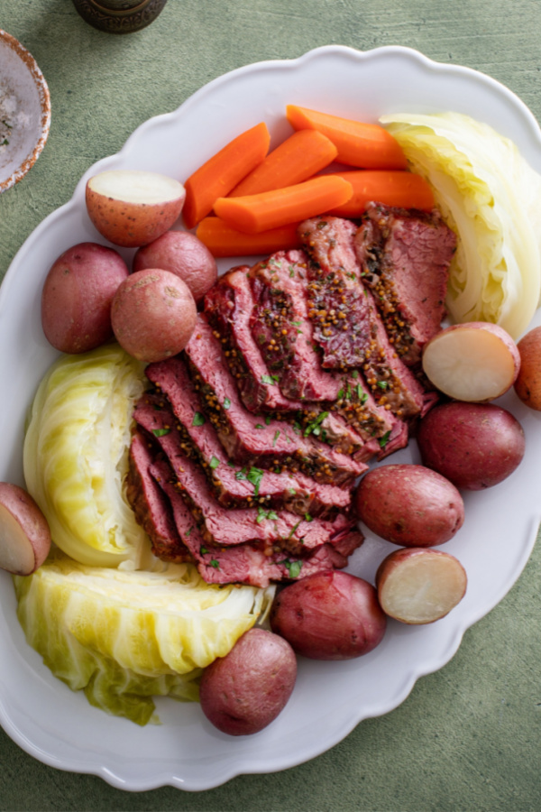 corned beef and cabbage dinner on platter