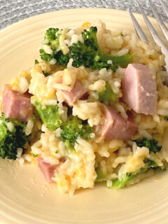 ham and rice casserole on yellow plate
