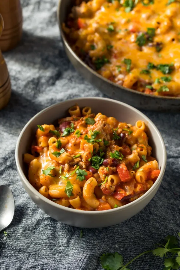 chili mac and cheese in bowl
