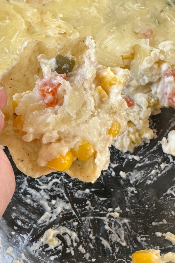 hot corn dip on tortilla chip