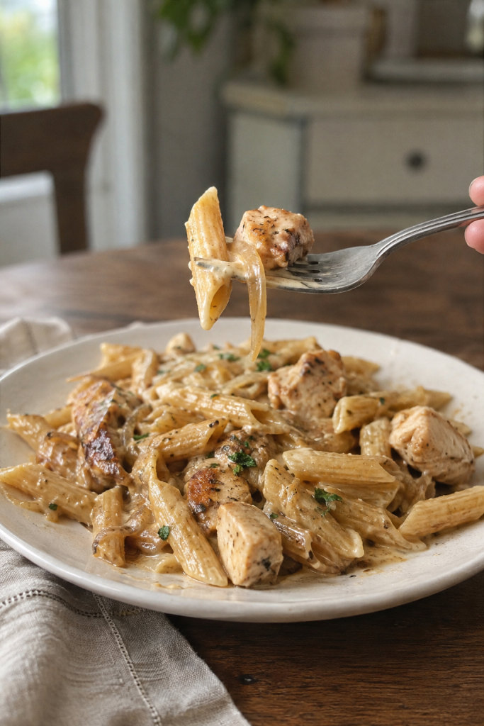 bite of chicken and pasta