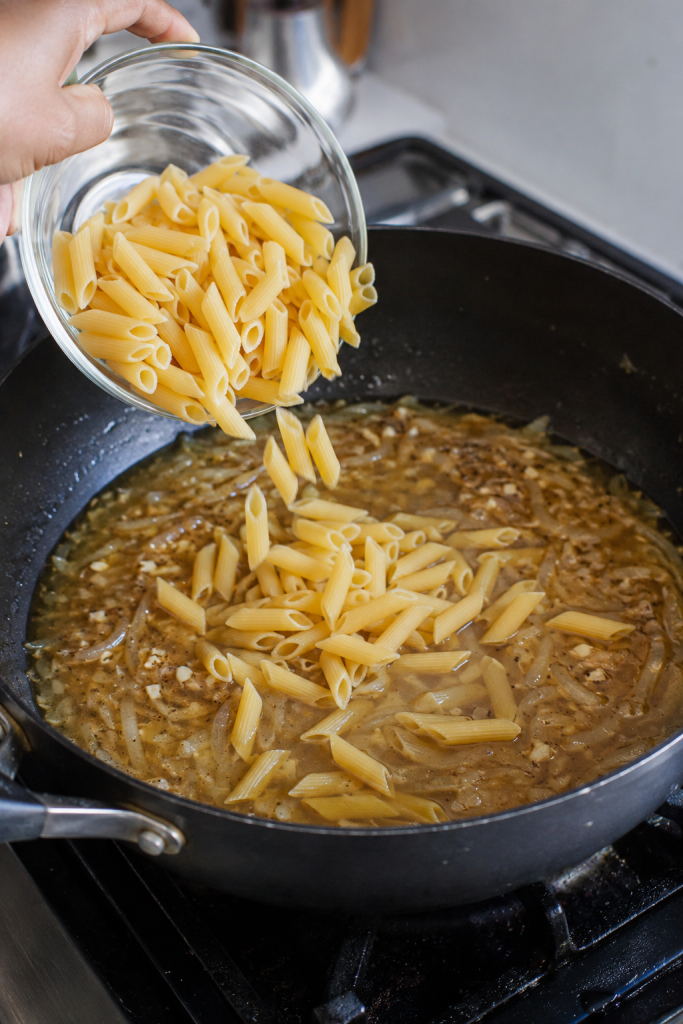 penne pasta in skillet