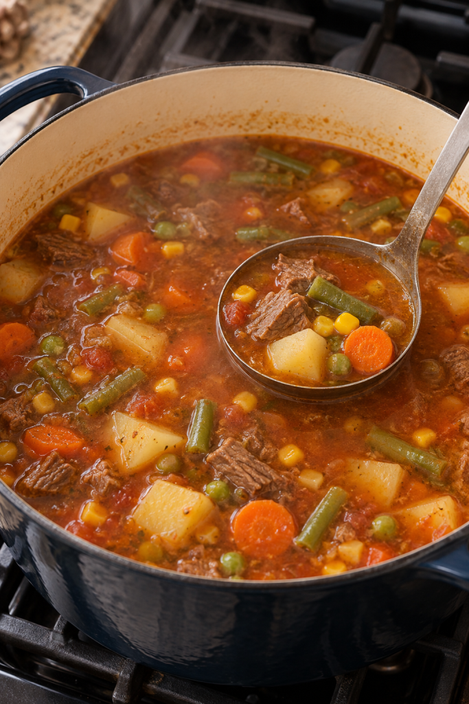 vegetable beef soup in pot
