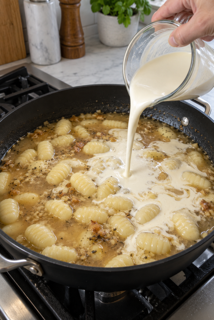 pouring heavy cream in skillet