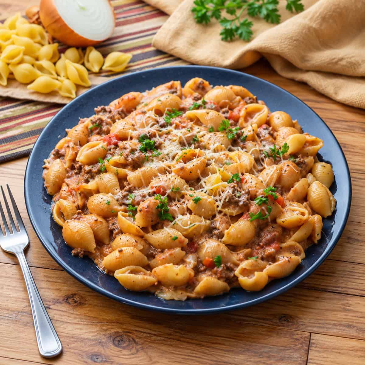 creamy beef and shells