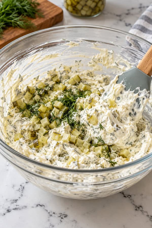 fold pickles in fried pickle ranch dip